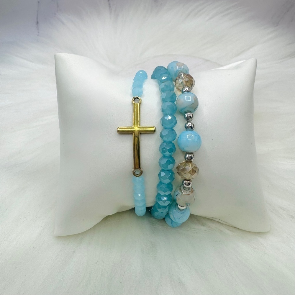 Stainless Steel Cross beaded Arm Candy  Bracelet -  Blue Marine
